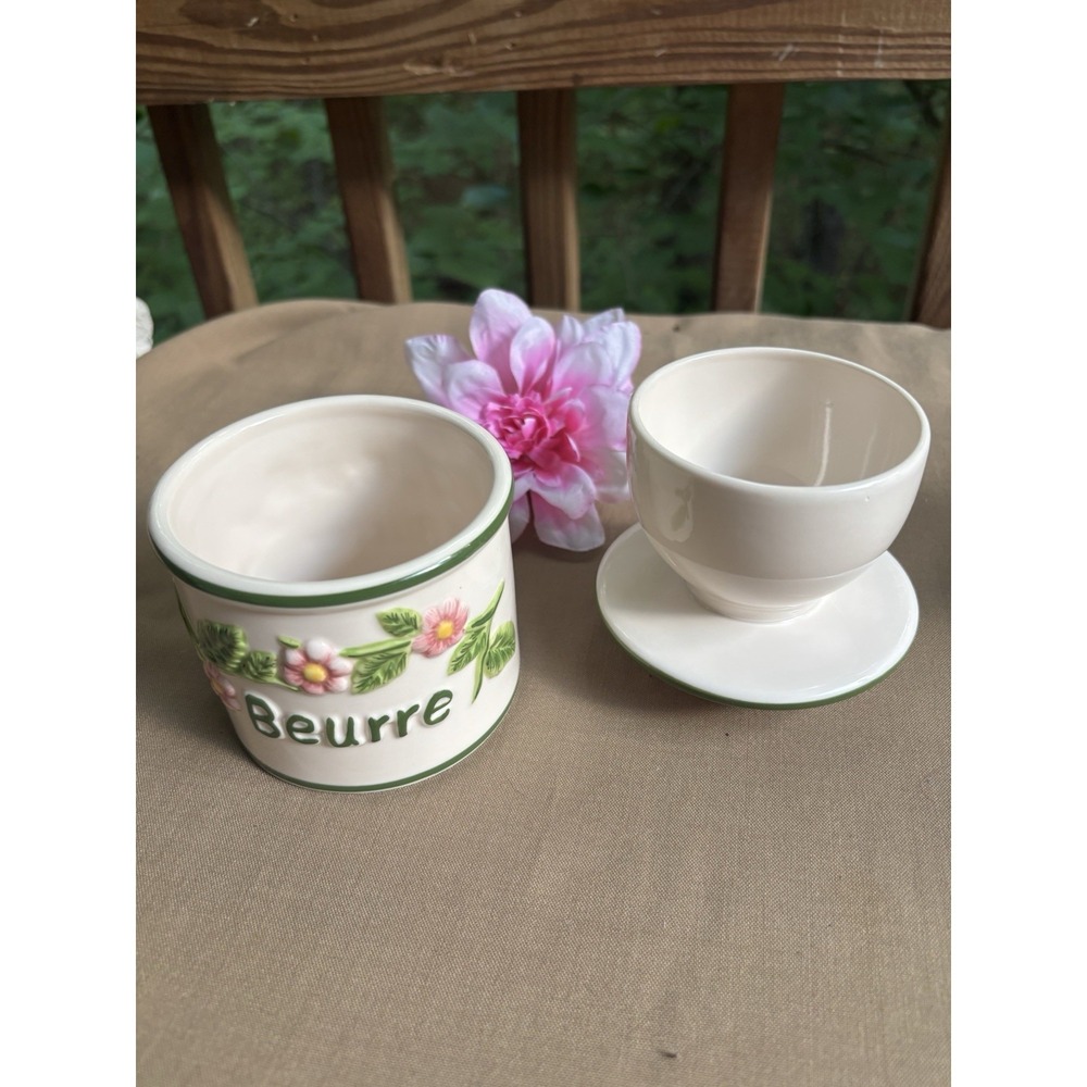 Vintage Butter Bell Crock French Beurre Embossed Pink Green Flowers L. Tremain - Picture 7 of 8